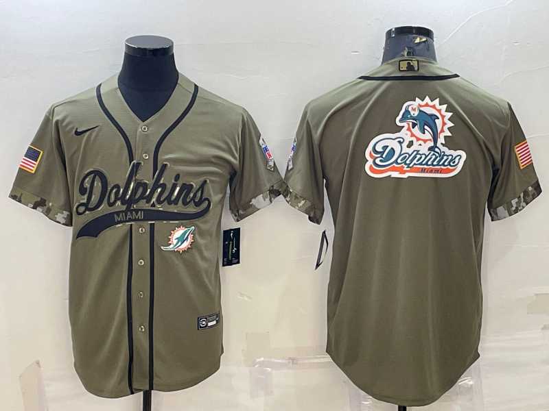 Mens Miami Dolphins Olive Salute to Service Team Big Logo Cool Base Stitched Baseball Jersey